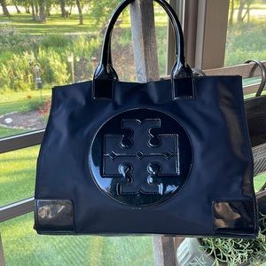 Tory Burch Large Nylon Black Patent Ella Tote